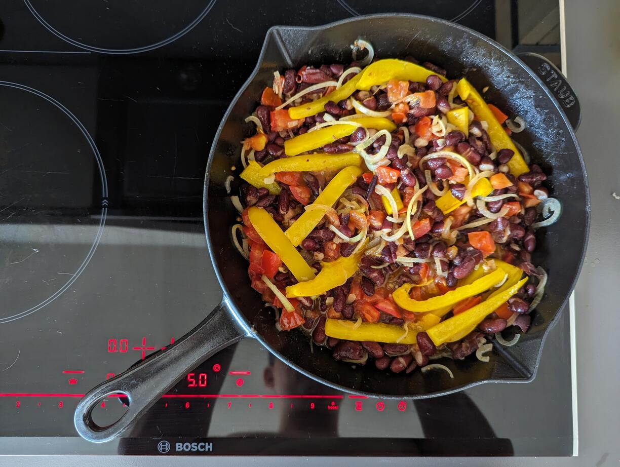 Veggies and beans in a pan